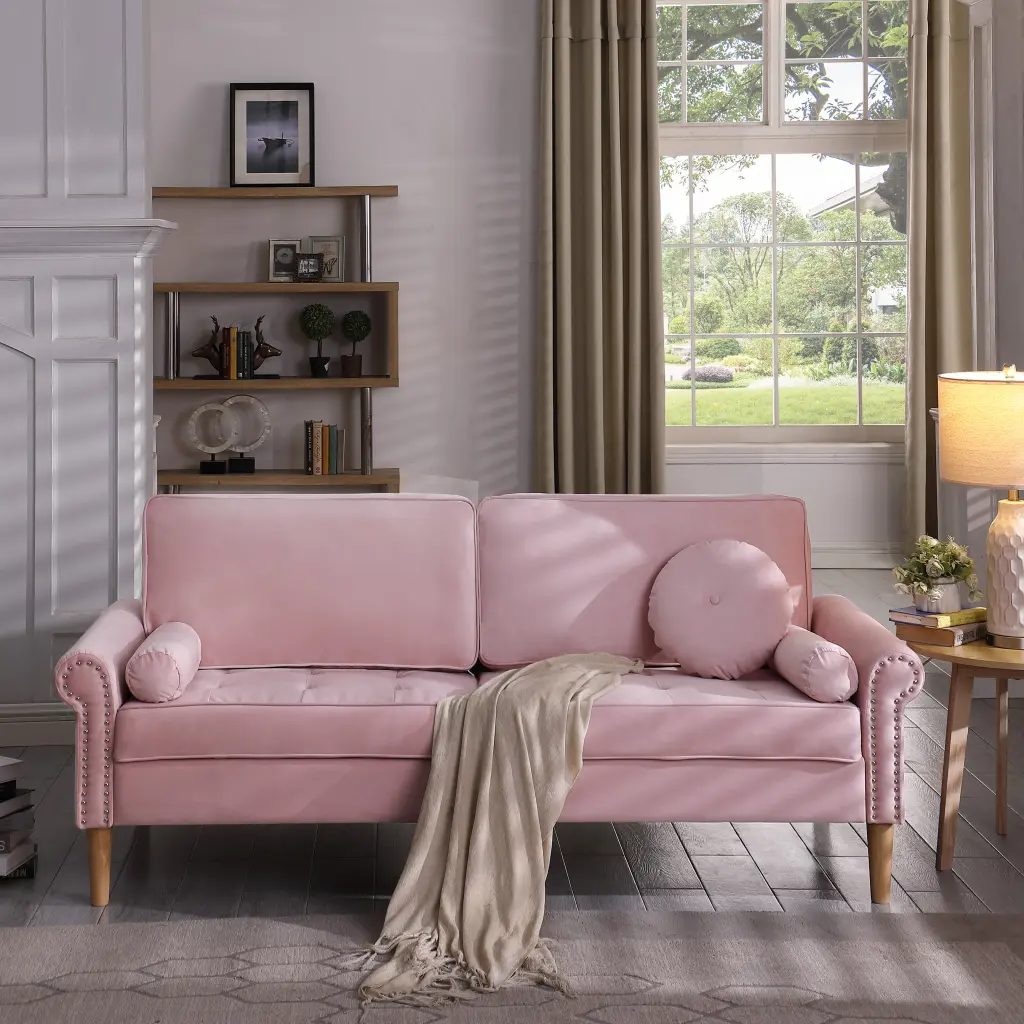 Living Room Sofa 3 Seater Copper Nail On Arms and Three Pillows relax down