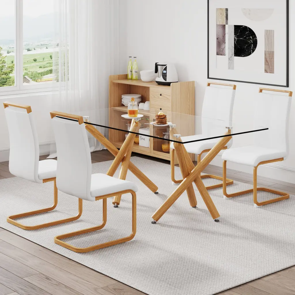 Glass Dining Table 4 Chairs 0.39 Inch Tempered Glass Top Modern Set droom w-1151