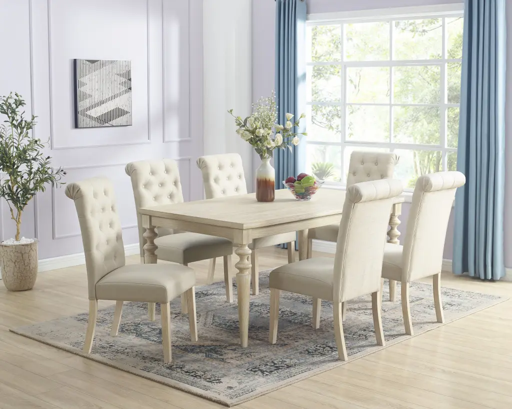 Ammonia 7 Piece Dining Set Turned Leg Dining Table 6 Tufted Chairs hz