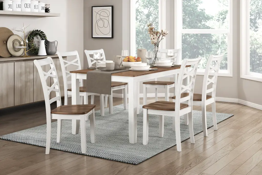 Cherry And White Finish 7Pc Dining Set Table And 6 Side Chairs Set Double Pedestal kanepe