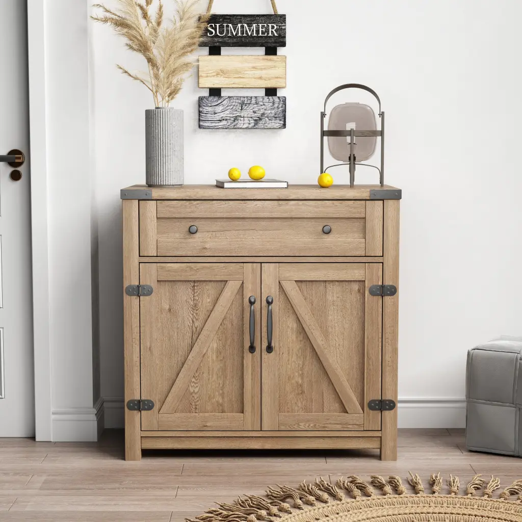 Modern Farmhouse Double Barn Door Accent Cabinet 30 Inch Light Wood rnb