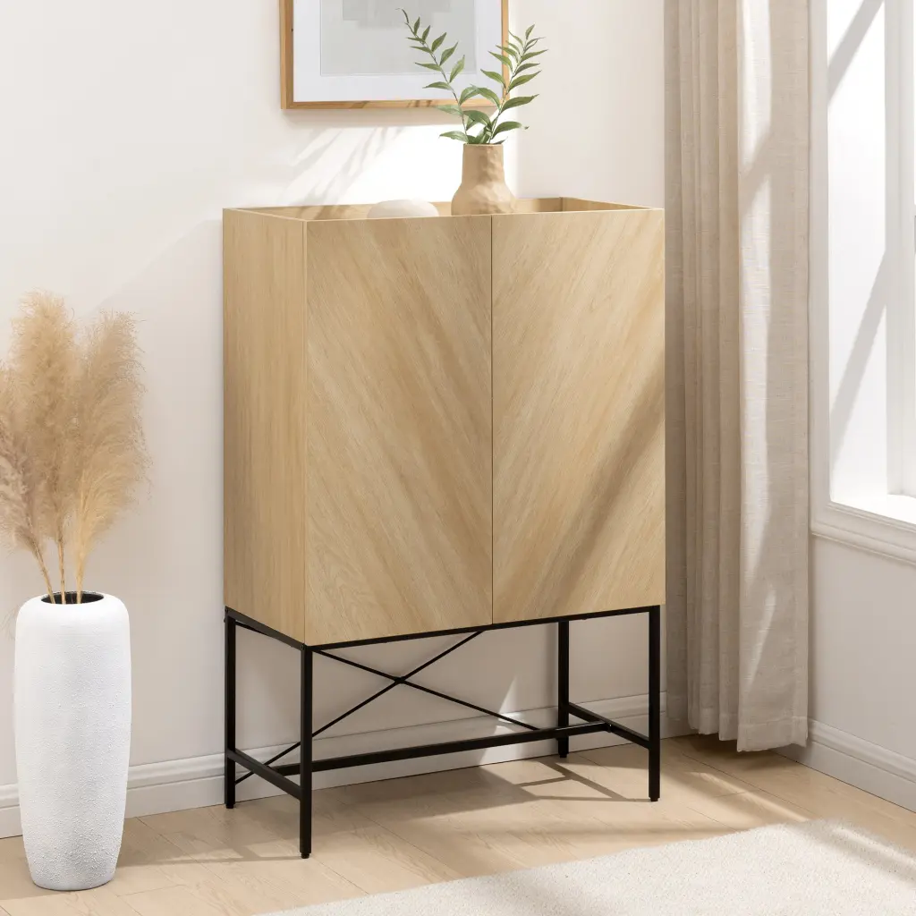 Contemporary Bookmatch Doors Tall Accent Cabinet Dark Wood Inset Top walker edison