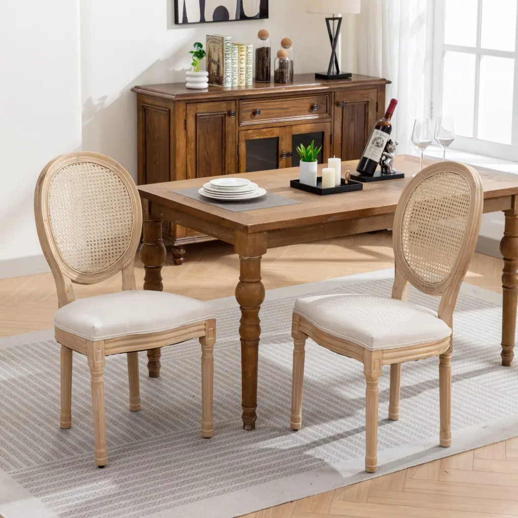 French Style Solid Wood Frame Antique Painting Linen Fabric Rattan Back Chair a-a furniture