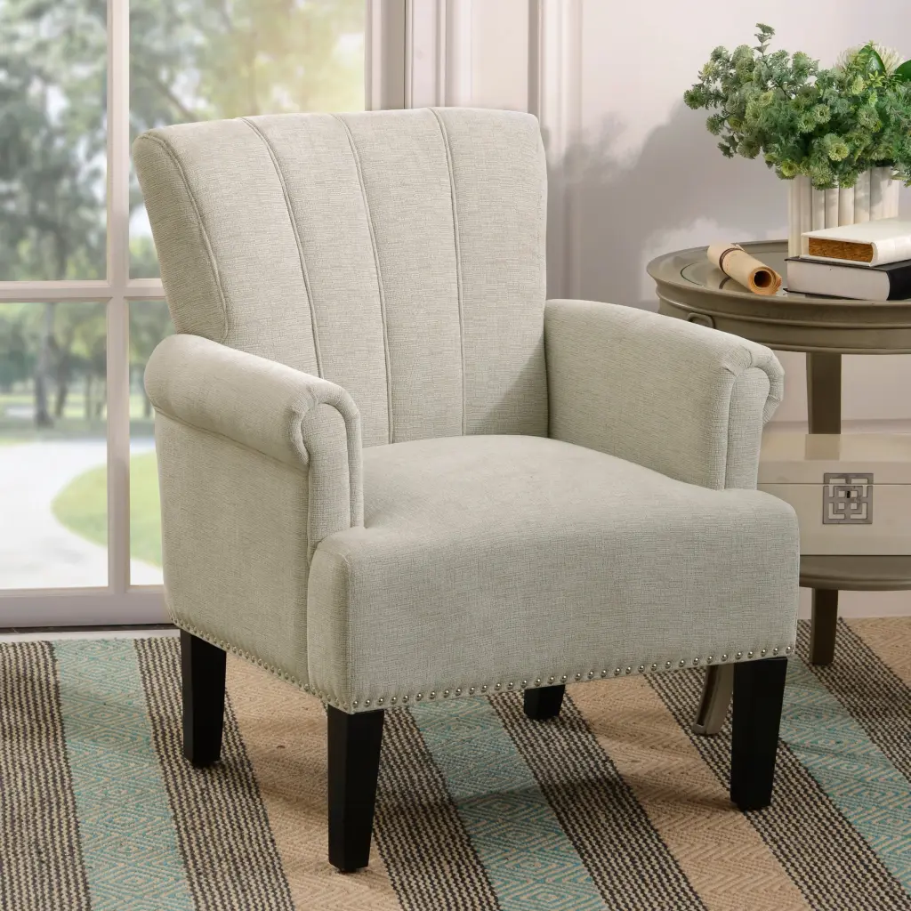 Cream Tufted Polyester Accent Armchair Rivet Details bed best