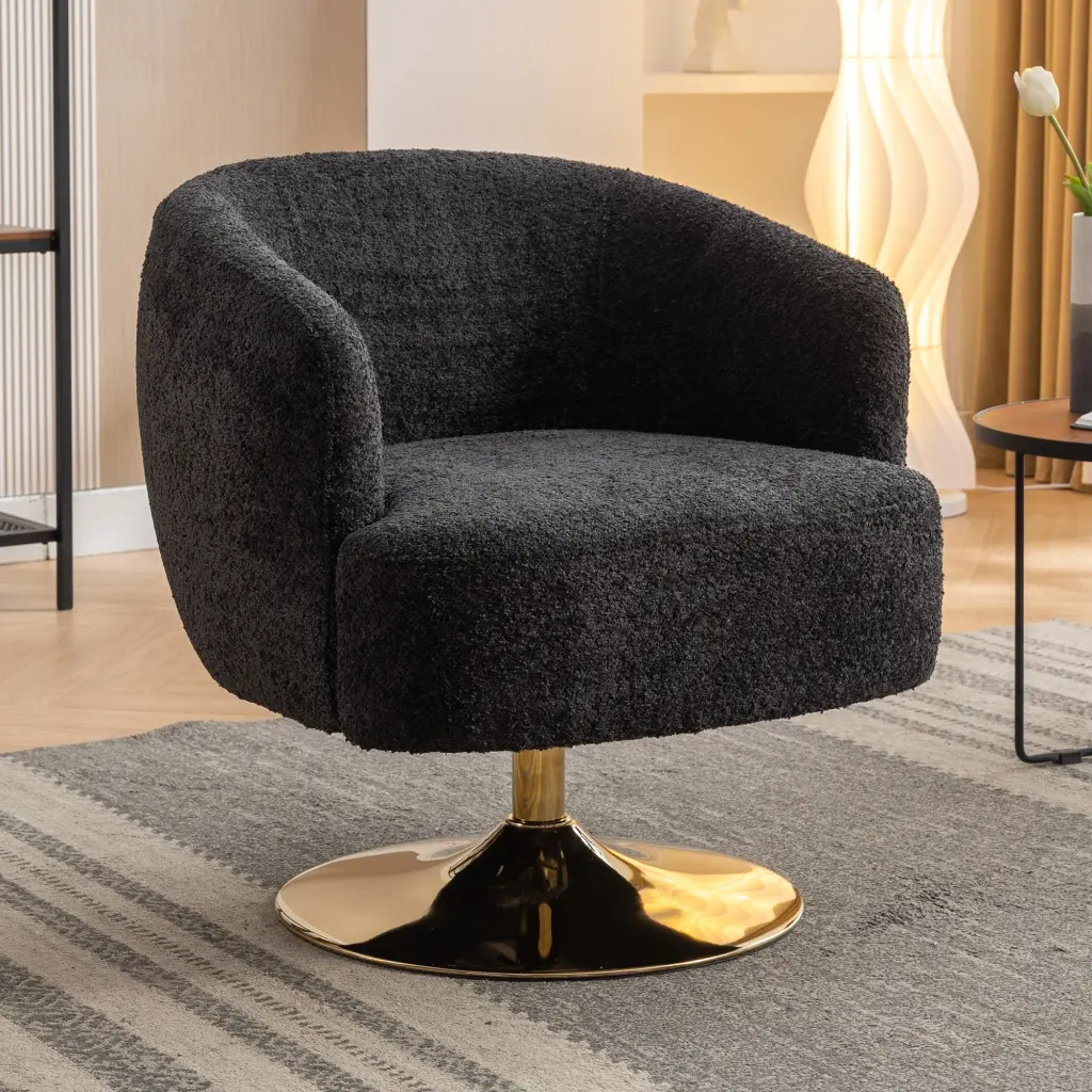 Chenille Fabric Accent Swivel Chair Gold Metal Round Base Black dg collection
