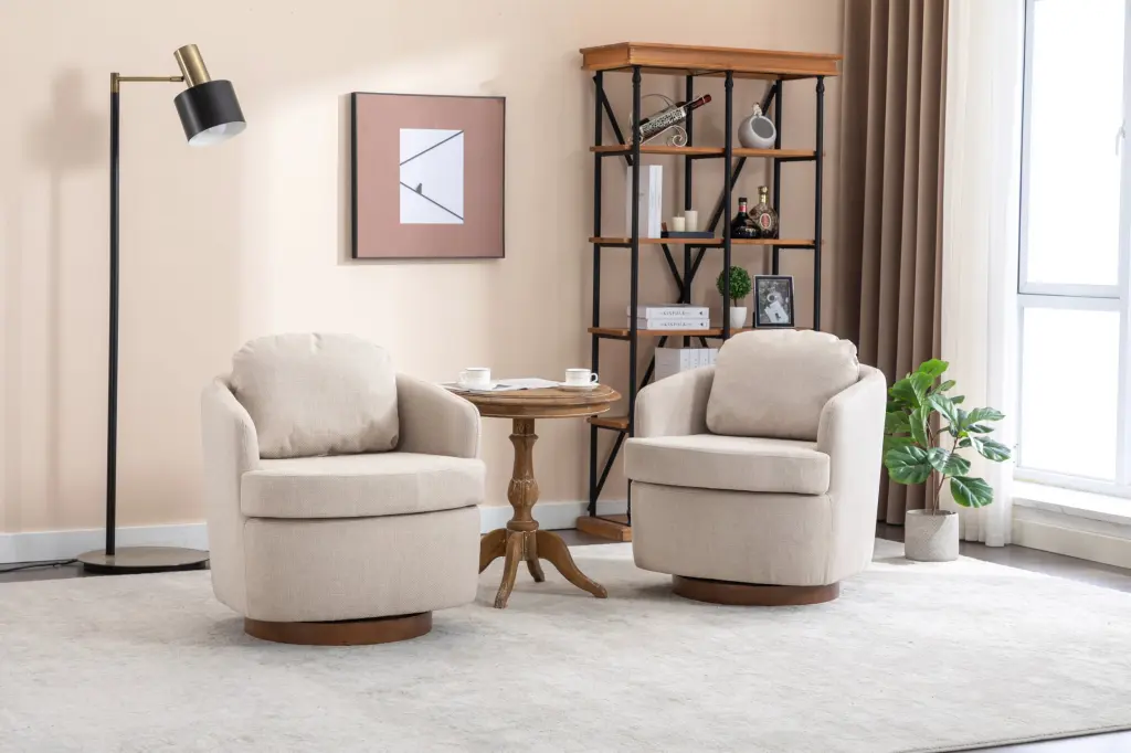 35 Inch Linen Fabric Swivel Accent Chair Solid Wood Round Brown Base dg collection