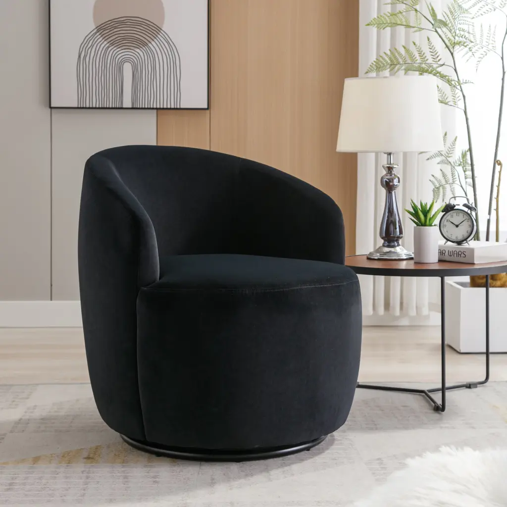 Velvet Fabric Swivel Accent Armchair Barrel Chair Black Powder Coated Base dg collection