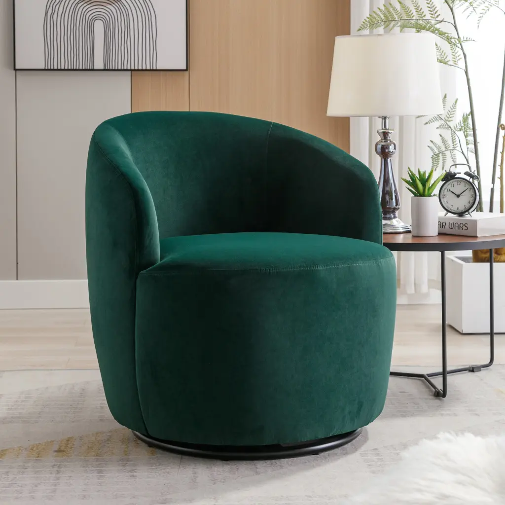 Velvet Fabric Swivel Accent Armchair Barrel Chair Black Powder Coated Base dg collection