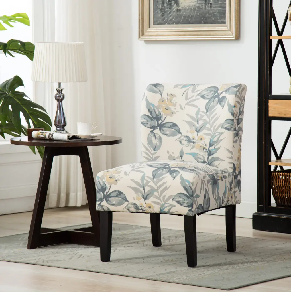 Capa Print Fabric Armless Contemporary Accent Chair Blue Leaves Multi Modern Living Room Decor hz