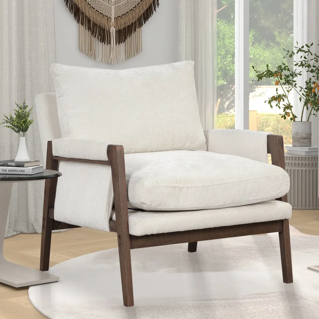 Kelly Mid Century Modern Velvet Accent Armchair White and Espresso hz