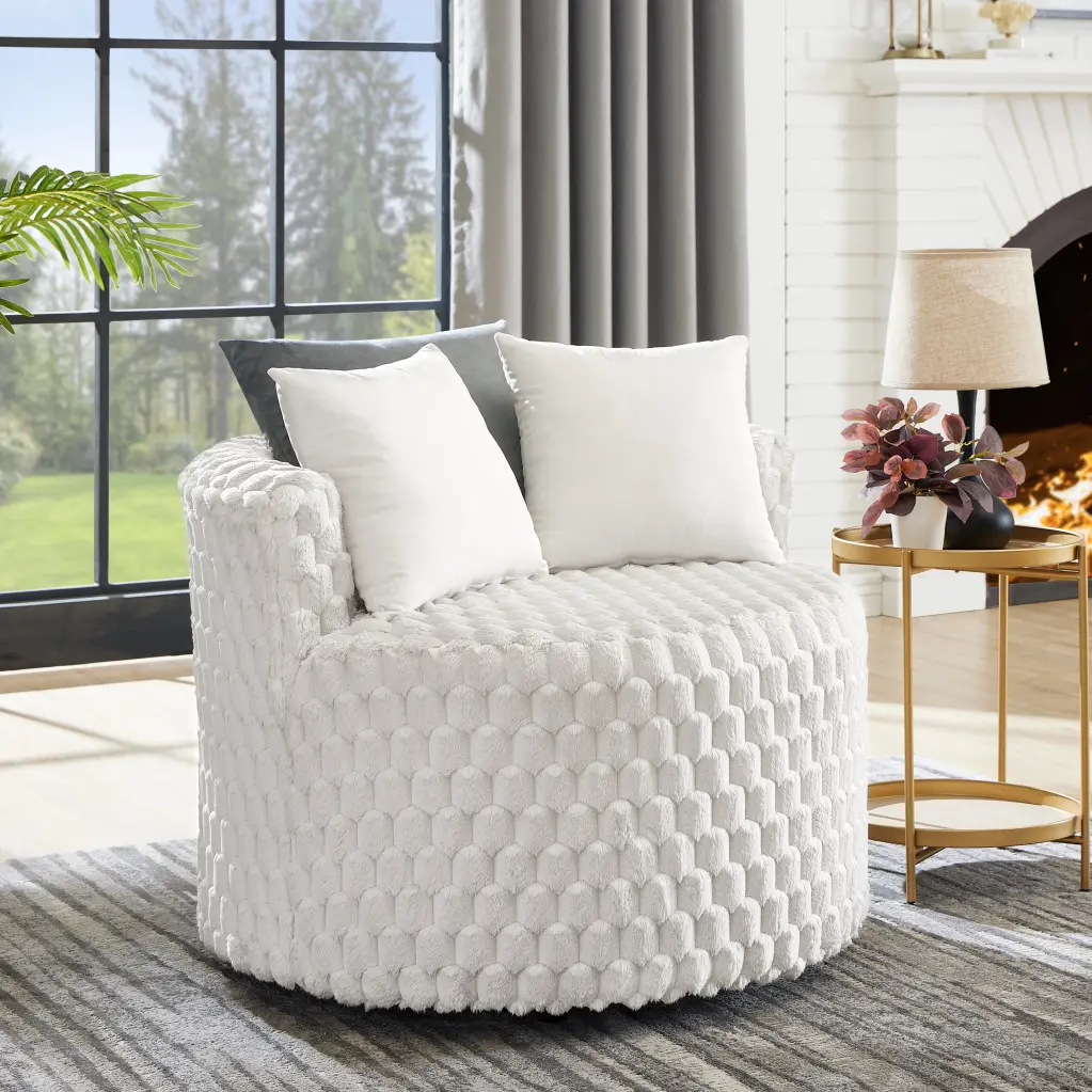 Malna Plush 3D Upholstered Barrel Accent Chair Wheels Off White hz