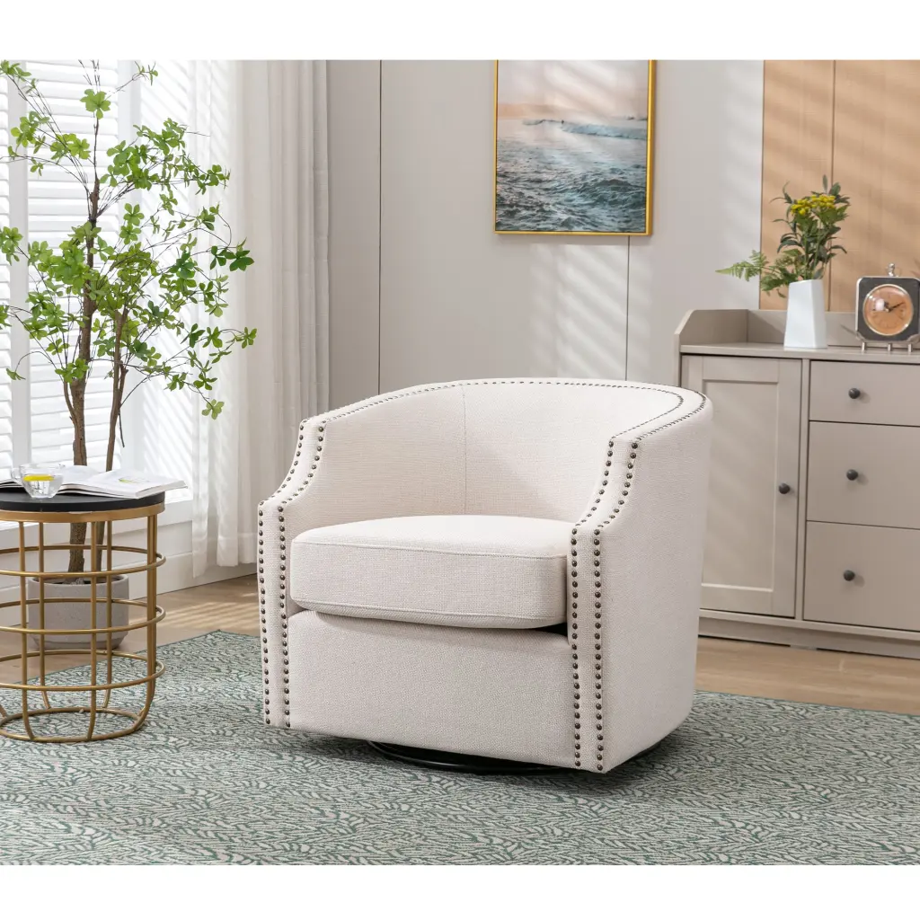 Coolmore Swivel Chair Living Room Accent Chair Beige Foam Linen Fabric jiada furniture