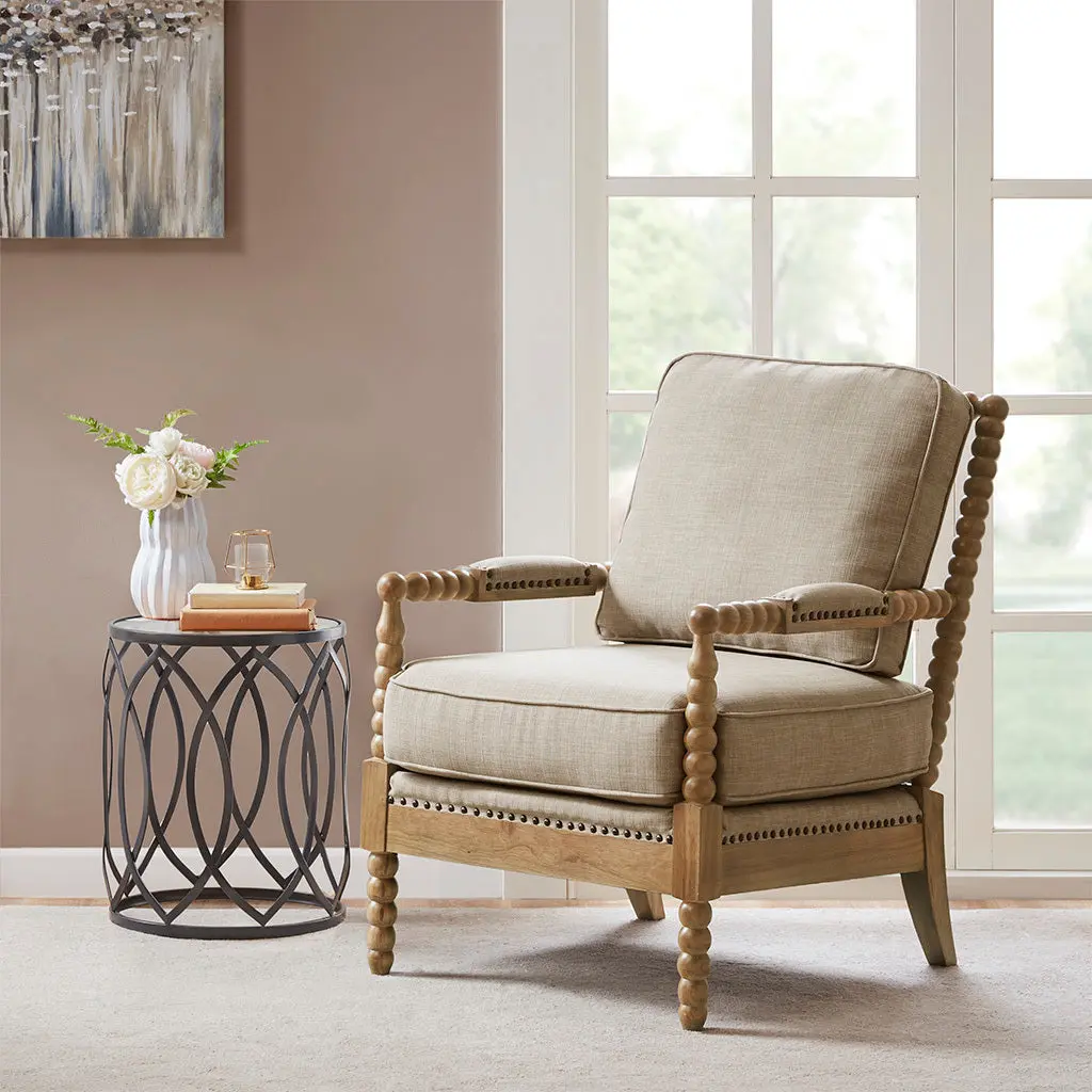 Accent Arm Chair Light Grey Camel Oak Polyester Living Room Chair jla