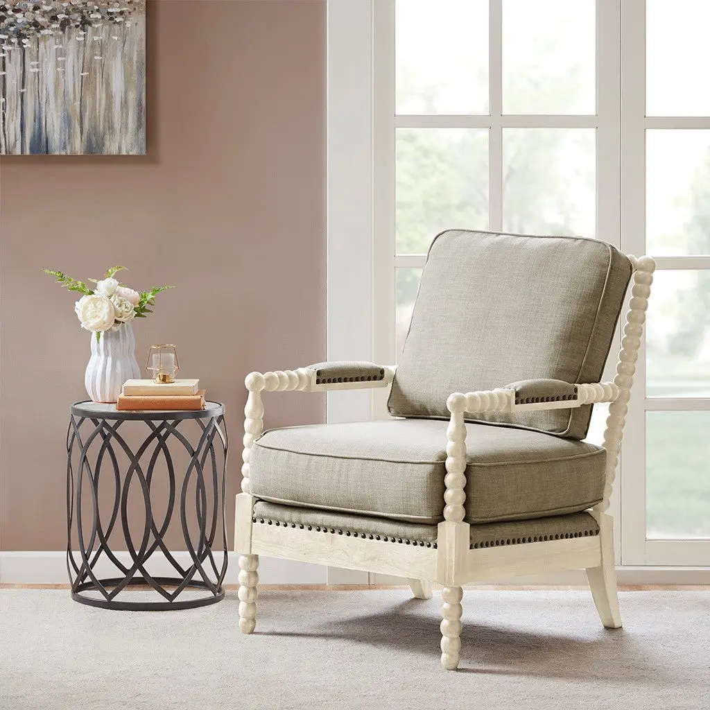 Accent Arm Chair Light Grey Wood Frame and Fabric Upholstery jla