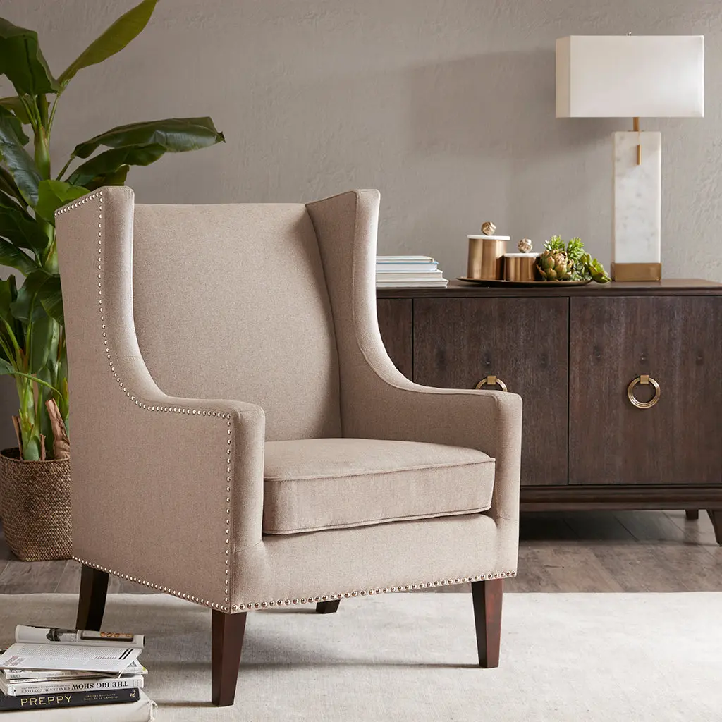 Barton Wing Chair Taupe Solid Wood Accent Chair jla