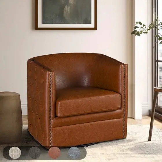 Capstone Tufted Barrel Swivel Chair Brown Wood Living Room Accent jla