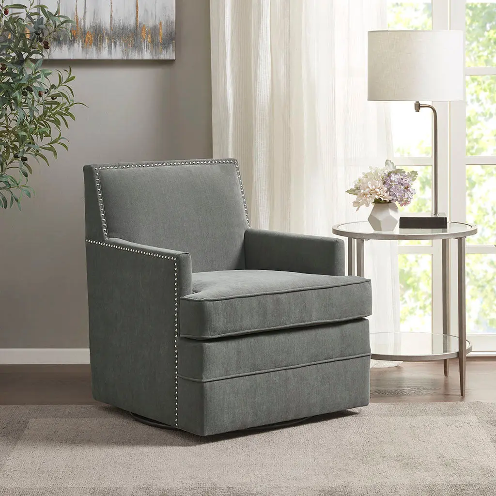 Upholstered Swivel Chair Grey Polyester Modern Living Room Accent Chair jla