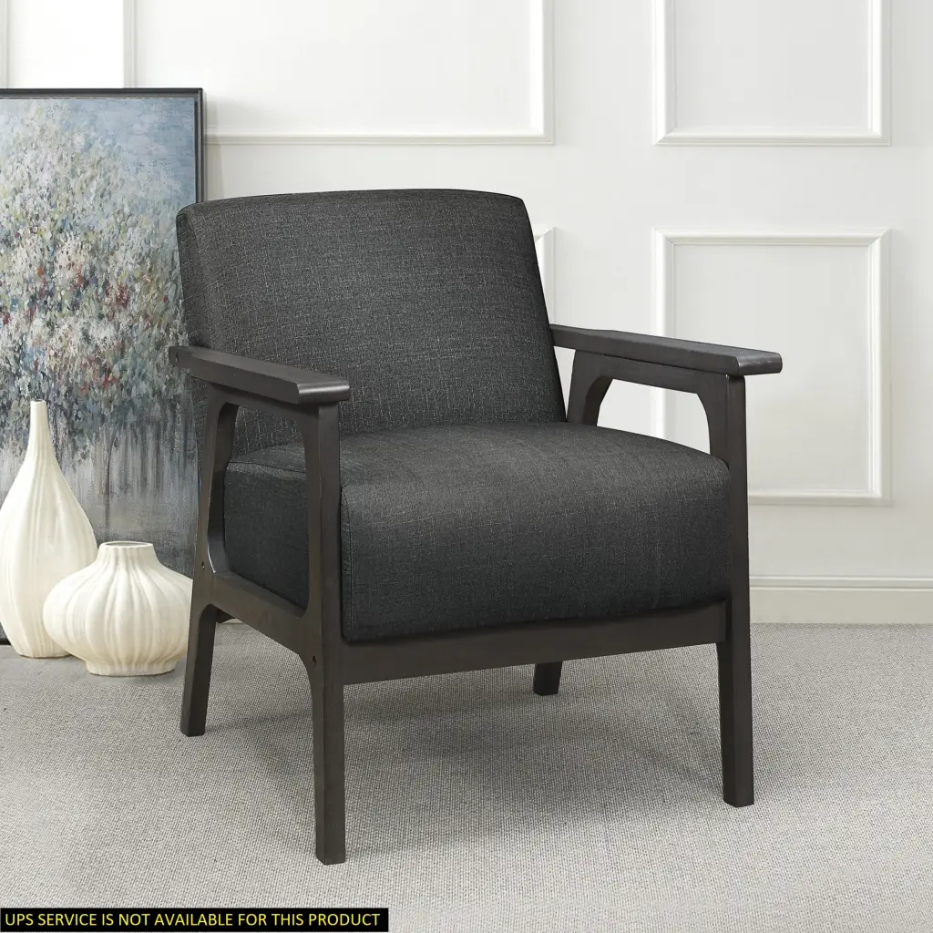 Dark Gray Fabric Upholstered Accent Chair Solid Rubberwood Antique Design kanepe