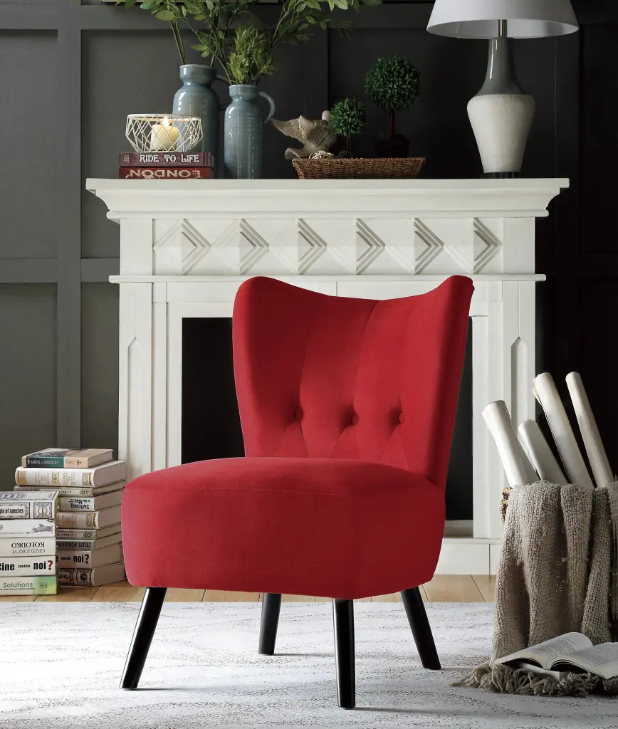 Red Velvet Accent Chair Button Tufted Back Brown Wood Legs One Kind kanepe