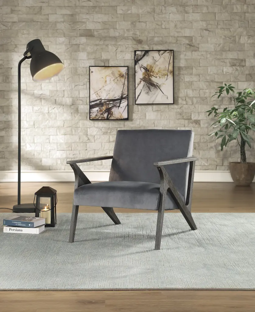 Retro Style Velvet Upholstered Gray Accent Chair Solid Rubberwood Frame kanepe