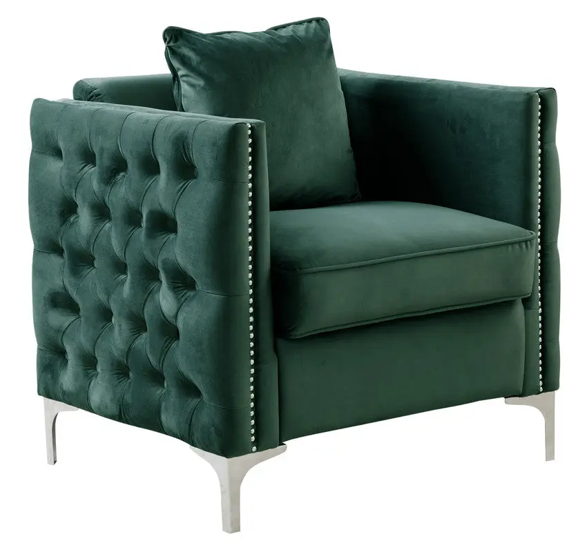 34 Inch Green Velvet Accent Chair Included Pillow, Bayberry Modern Upholstered Lounge Chair lilola home