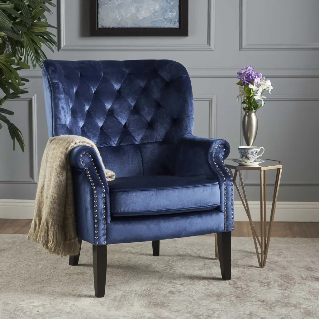 Club Chair Blue Velvet Upholstery nh-comfortcove