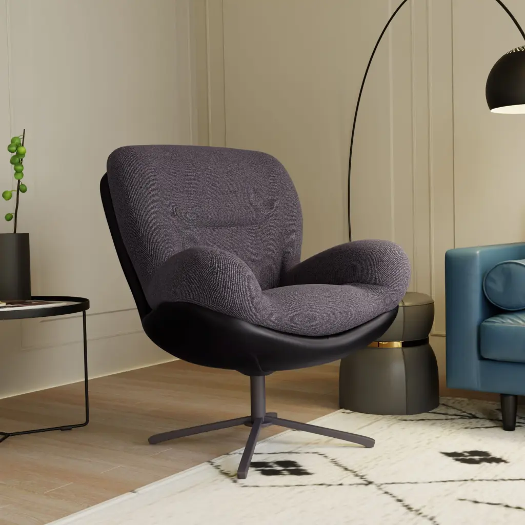 Modern 360° Swivel Accent Chair, Upholstered Chenille Lounge Chair Faux Leather Trim Living Room nh-echo