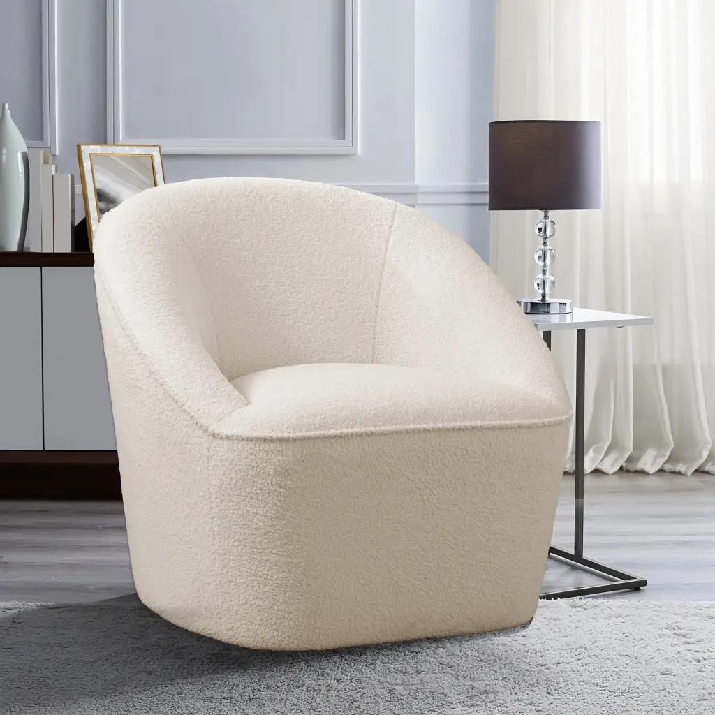 Anson Boucle Swivel Chair Off White Foam Fabric Modern Lounge Chair ridgecrest home