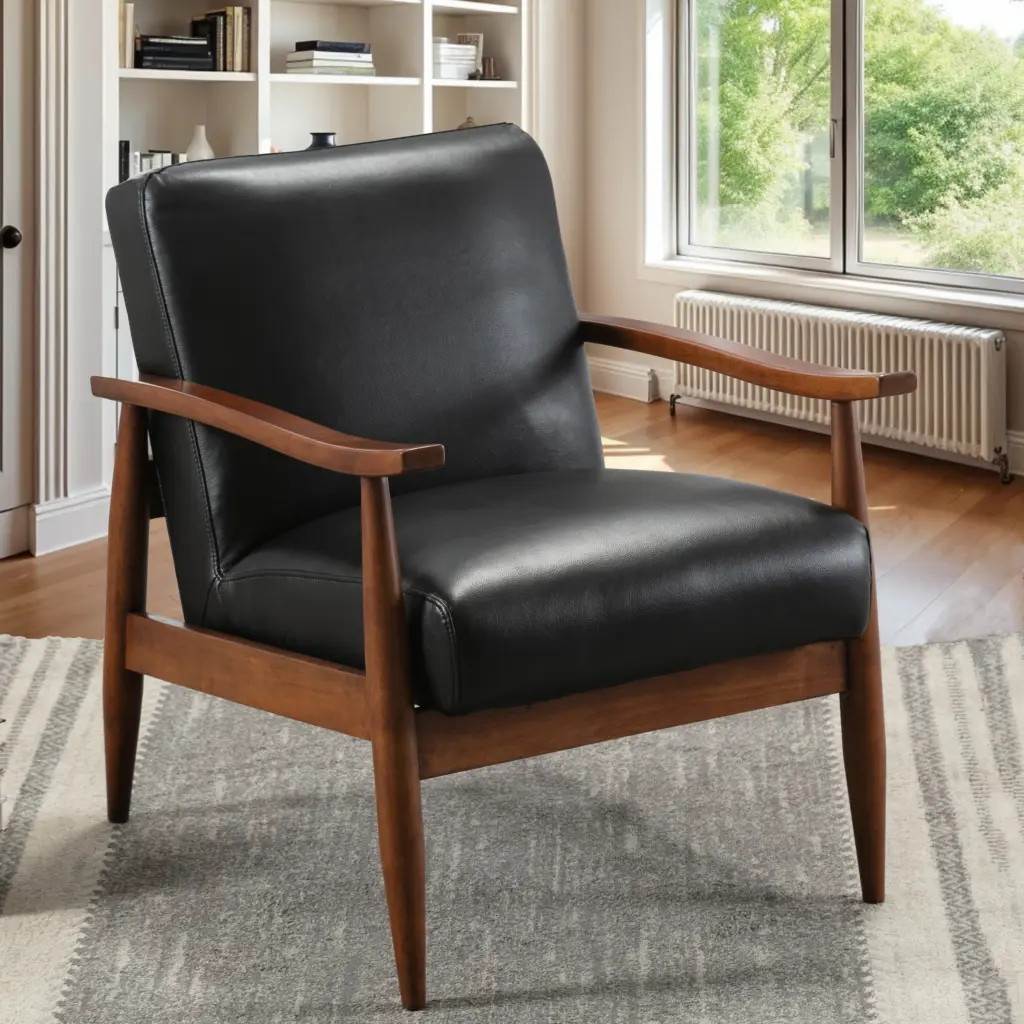 Archer Black Leather Gel Wooden Base Accent Chair Black Foam Faux Leather Living Room Chair ridgecrest home