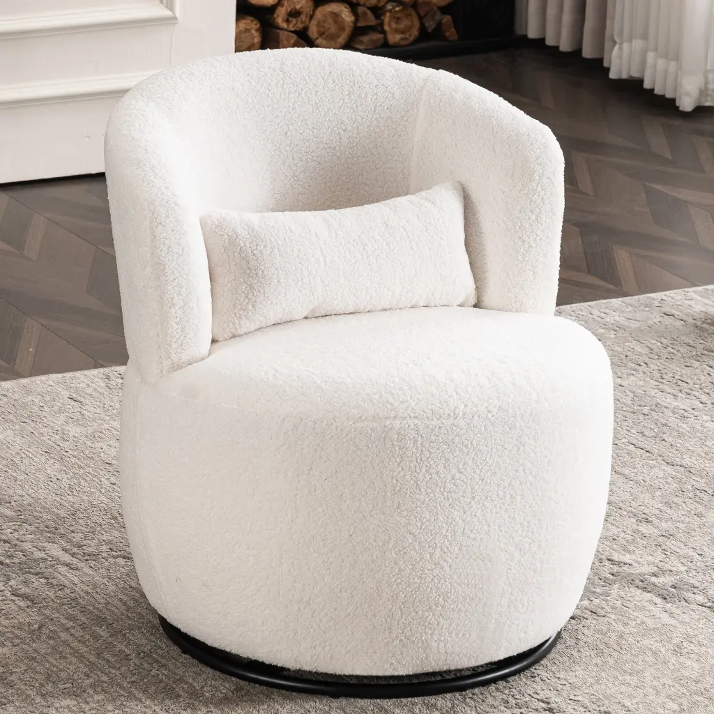 White Plush Swivel Accent Chair Contemporary Round Armchair 360 Rotation rnb