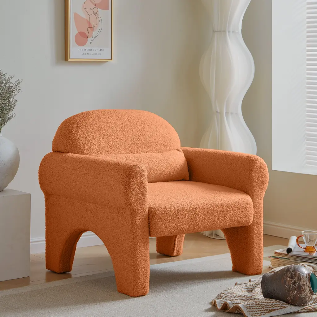 Modern Boucle Accent Chair Lumbar Pillow Living Room Orange Fabric senge