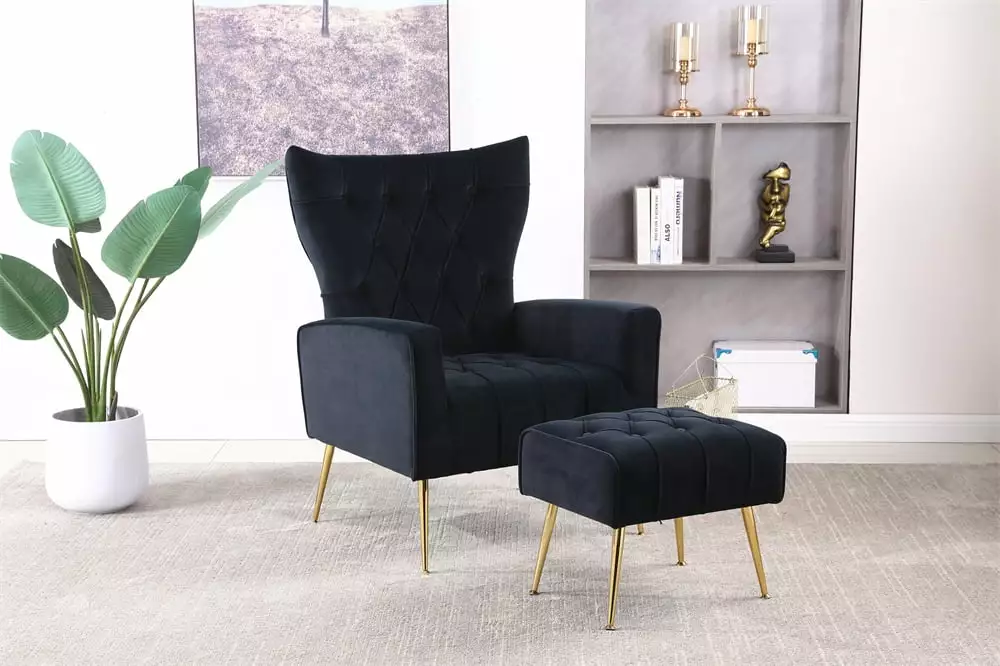 Black Velvet Upholstered Lounge Armchair Footrest and Pillow Triple Tree