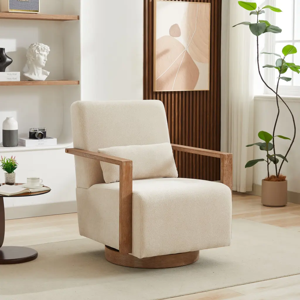 30.3 Inch Swivel Modern Upholstered Accent Chair Solid Wood Armrests w1298