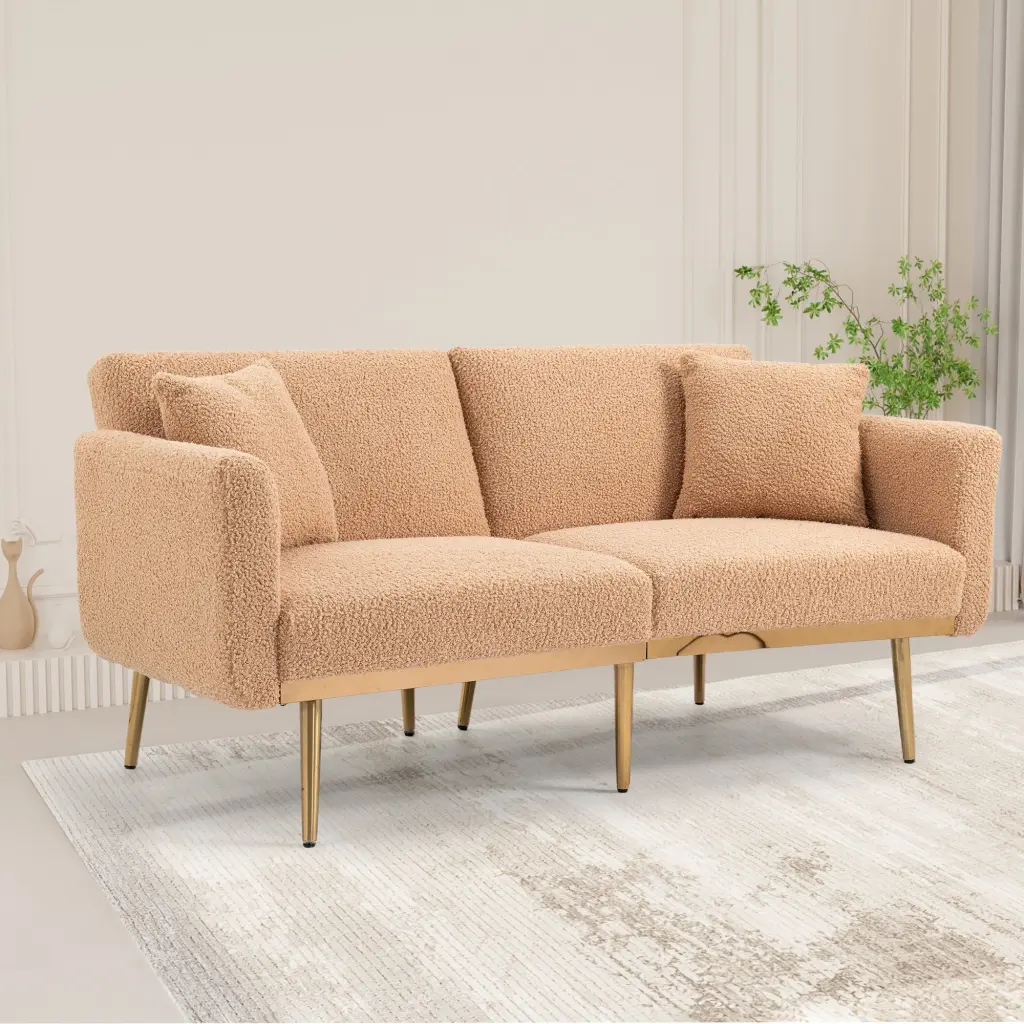 Coolmore Velvet Accent Sofa Metal Feet, Camel Teddy Fabric Seat Sofa w1539 coolmore