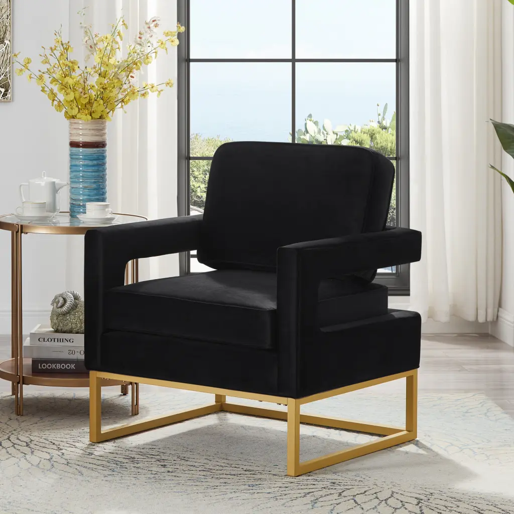 Modern Accent Chair Gold Metal Base Velvet Upholstered Leisure Chair wm home furniture