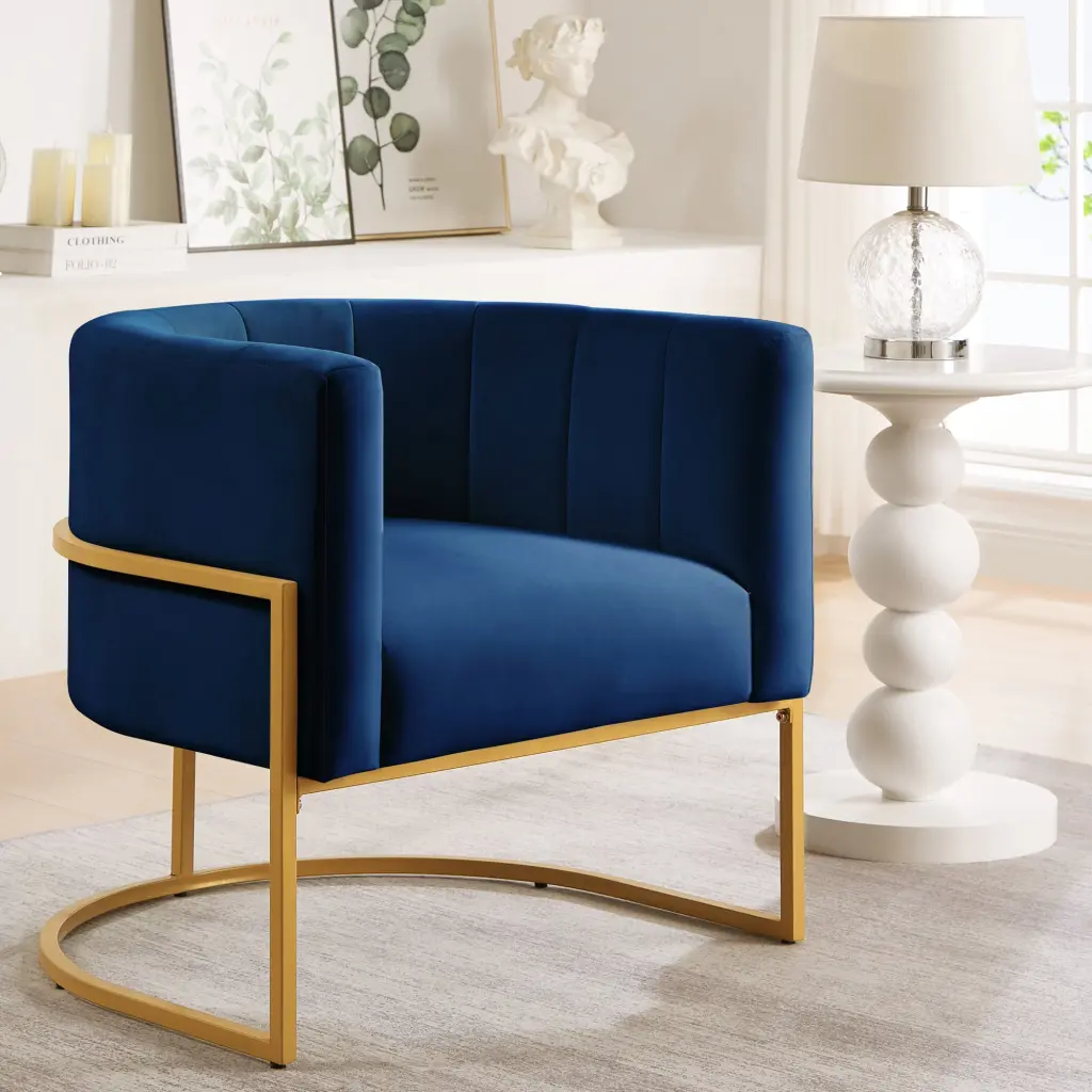 Upholstered Velvet Accent Chair Golden Metal Stand Mid Century Living Room Chair wm home furniture