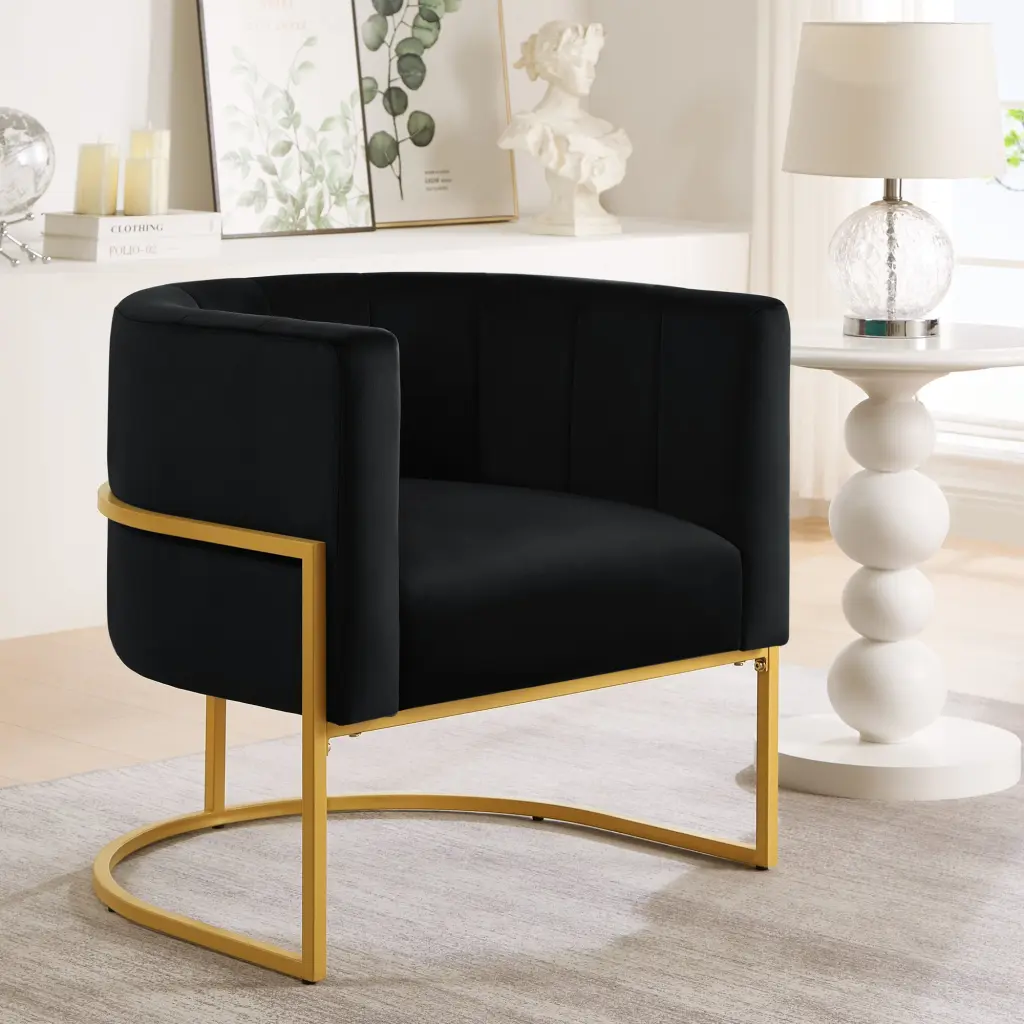Upholstered Velvet Accent Chair Golden Metal Stand Mid Century Modern wm home furniture
