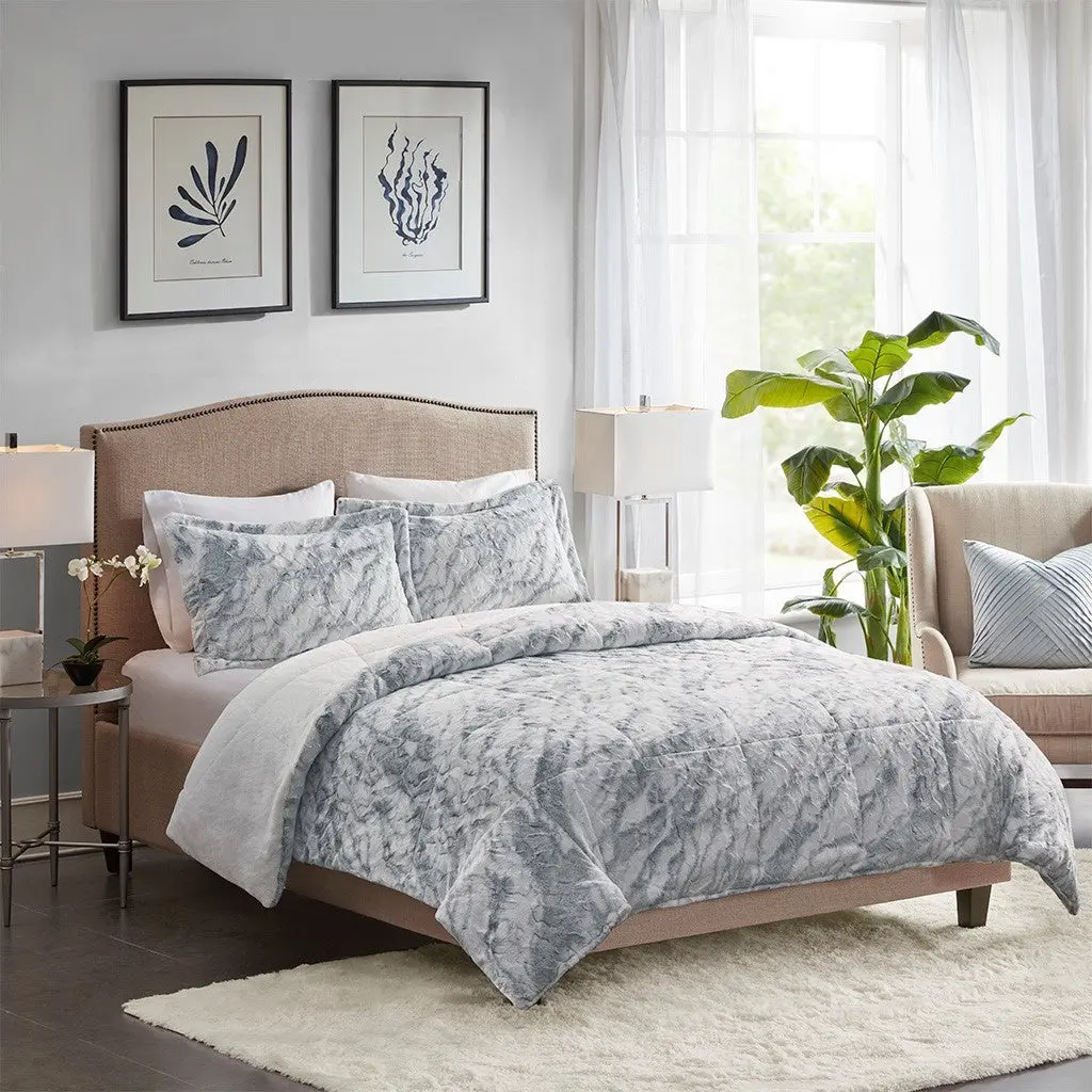 King Grey Blue Marble Faux Fur Easeer Set Luxury Decor jla