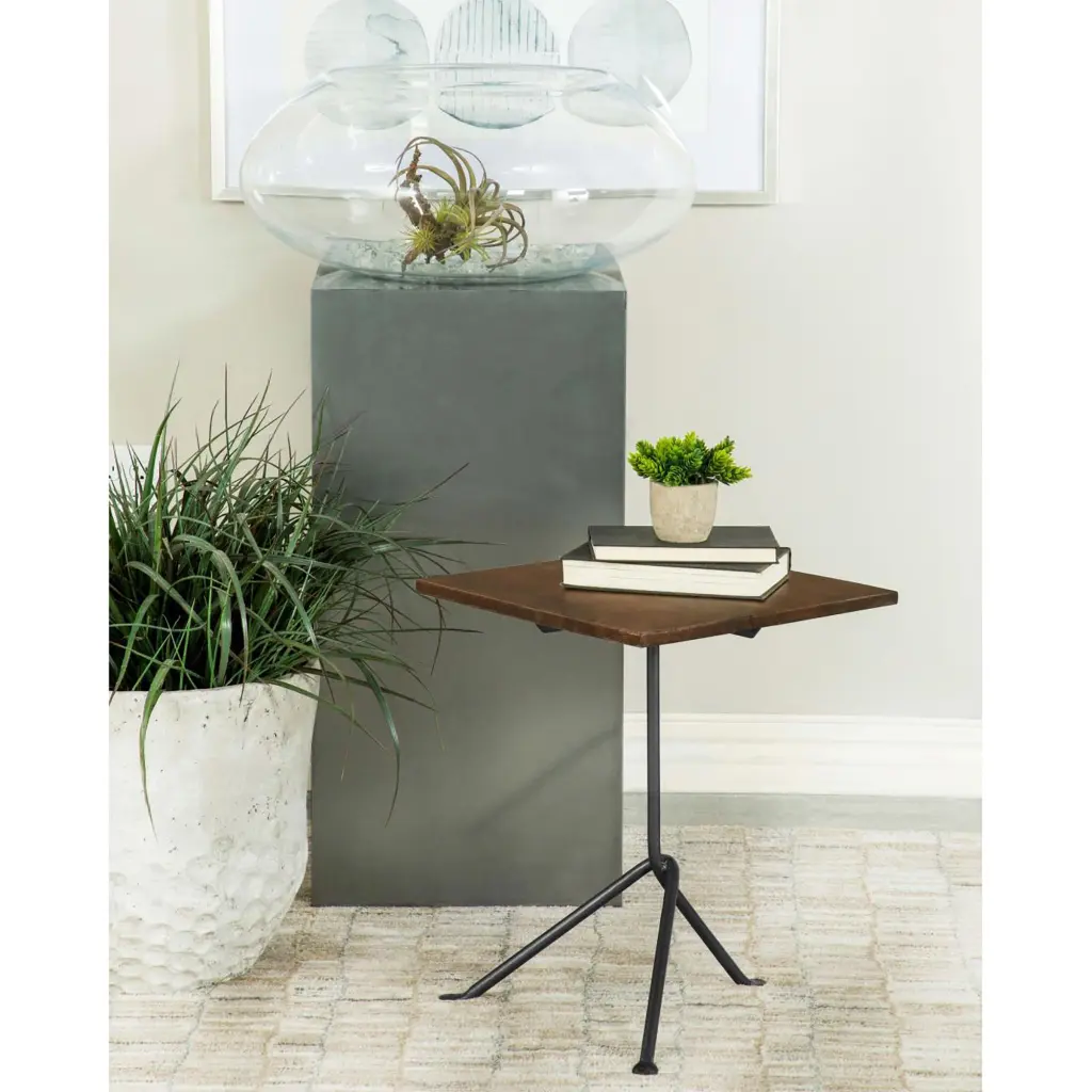 Dark Brown and Gunmetal Accent Table Tripod Legs Living Space furniture max