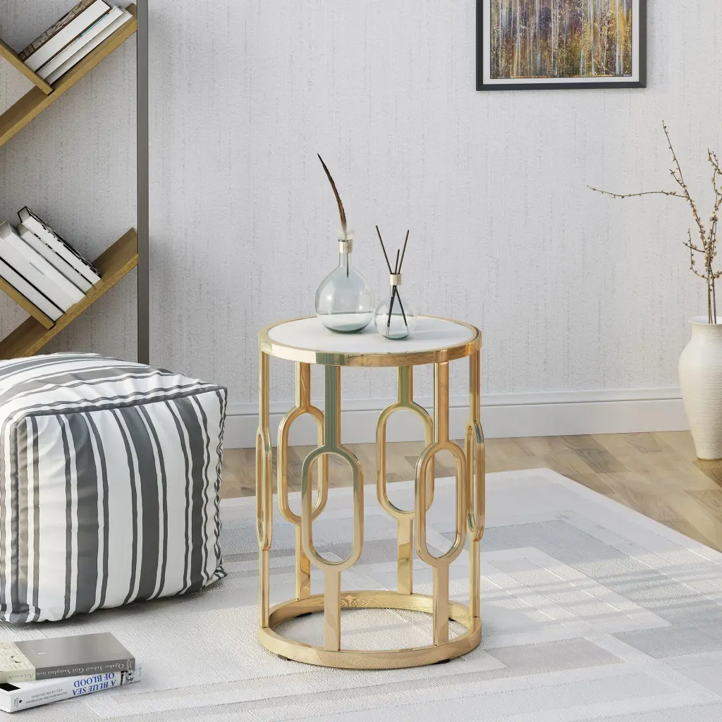 Drexel 16 Inch Side Table White Gold Metal and Stone Top nh-comfortcove