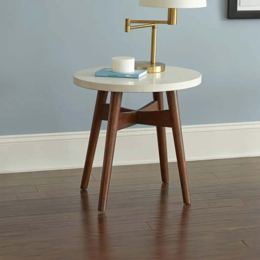 Contemporary Mid Century Accent Tables Natural Cherry Legs White Silver Top steve silver furniture