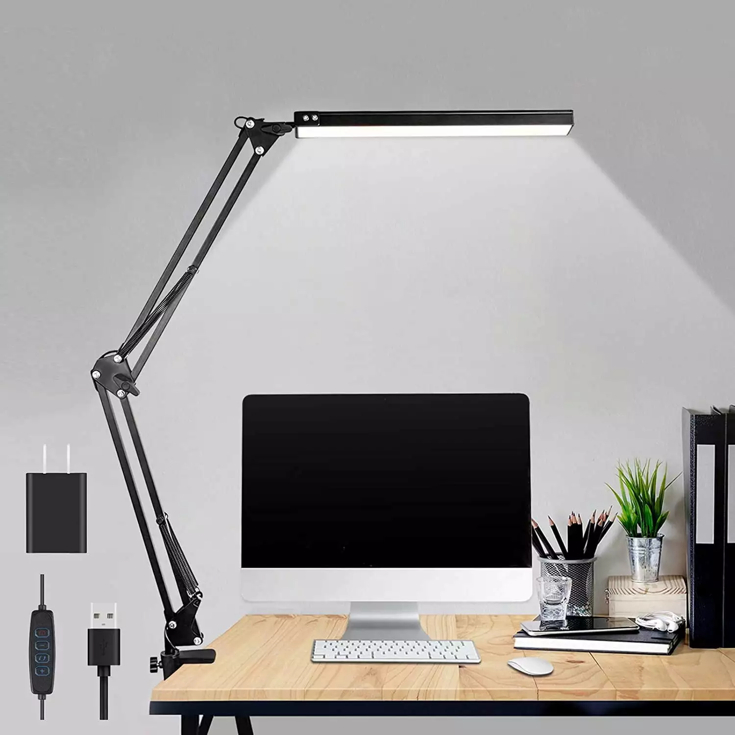 LED Desk Lamp Adjustable Swing Arm Desk Light Clamp 3 Color Modes 10 Brightness Reading Lamp Home Office Black