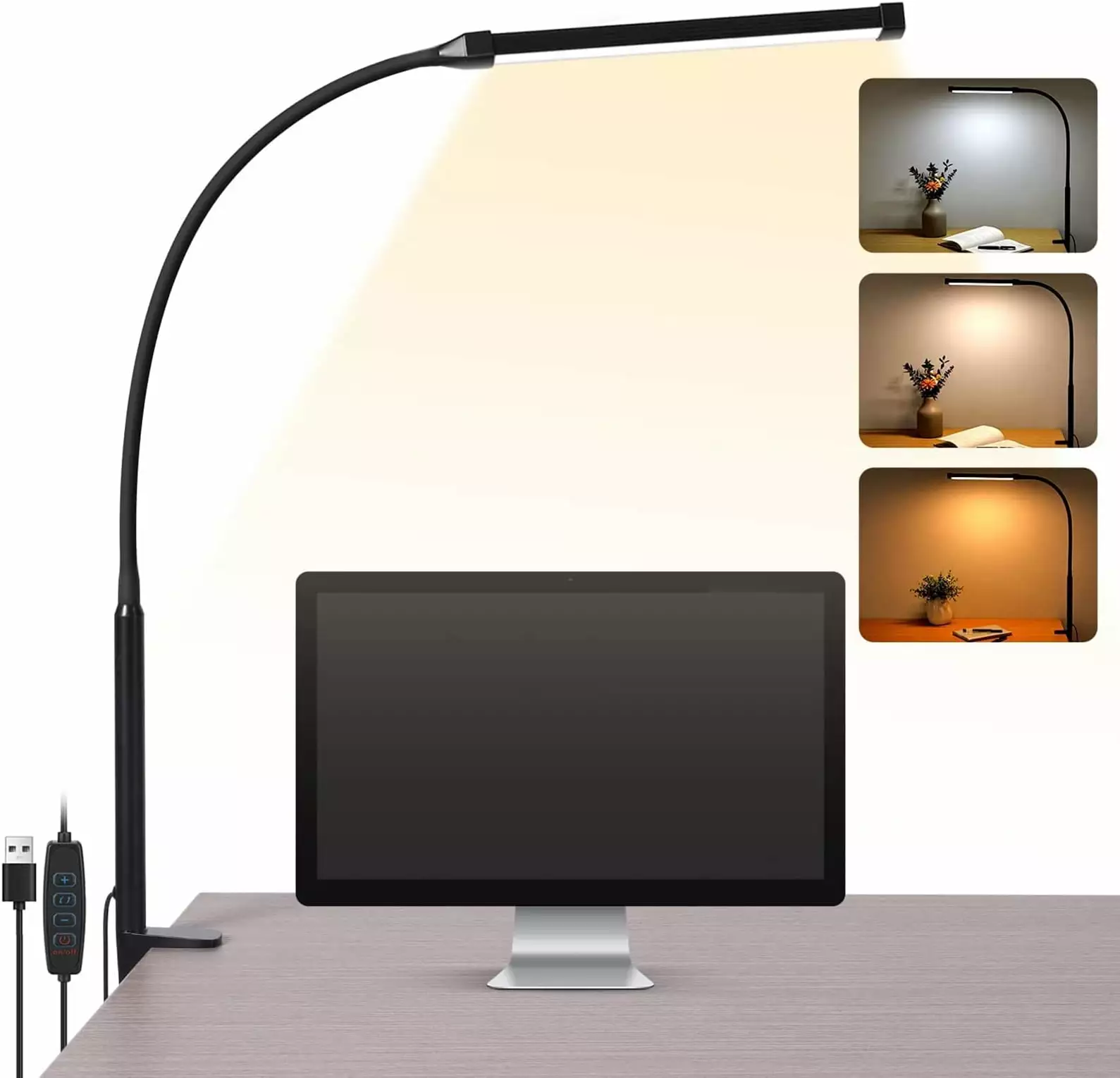 LED Desk Lamp Clamp 3 Modes 10 Brightness Eye-Caring Flexible Gooseneck Home Office Light