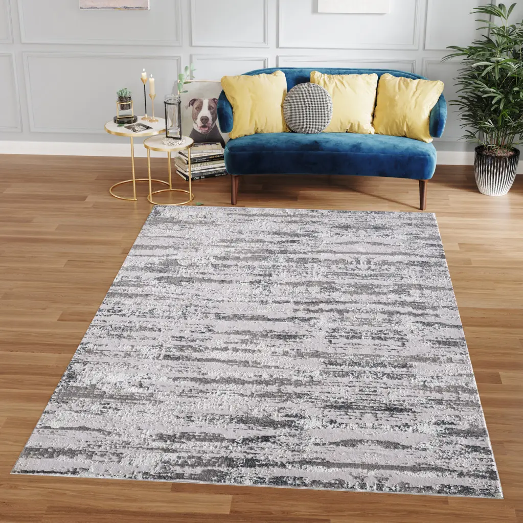 Milano Gatherion Manhattan Silver Woven Area Rug Grey Polyester Living Room Rug furnings