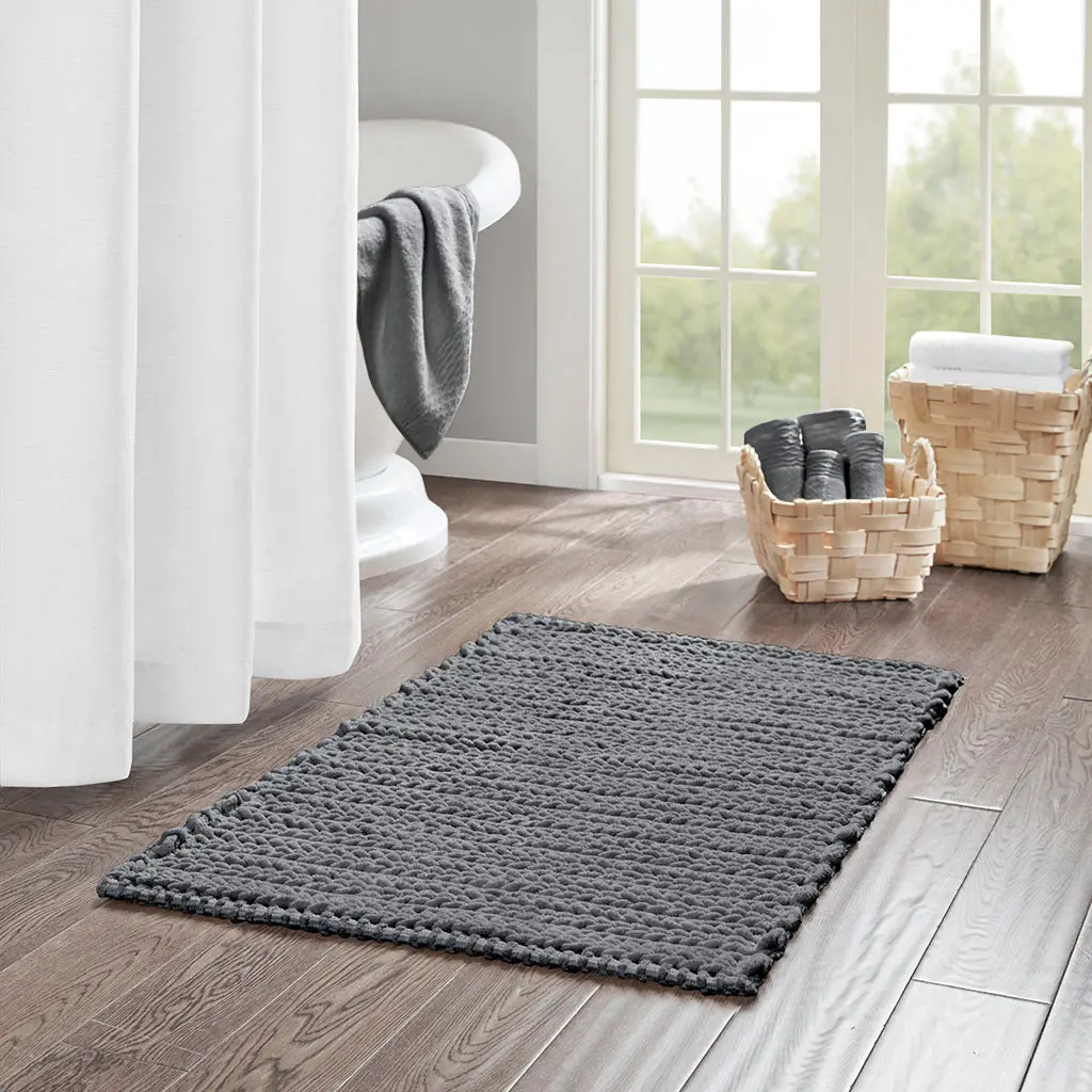 100% Cotton Chenille Chain Stitch Rug Charcoal Cotton jla