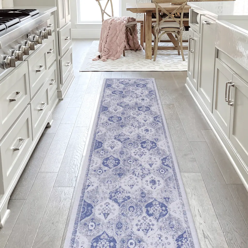 Blue Washable Low Pile Non Slip Non Shedding Foldable Area Rug naar rug