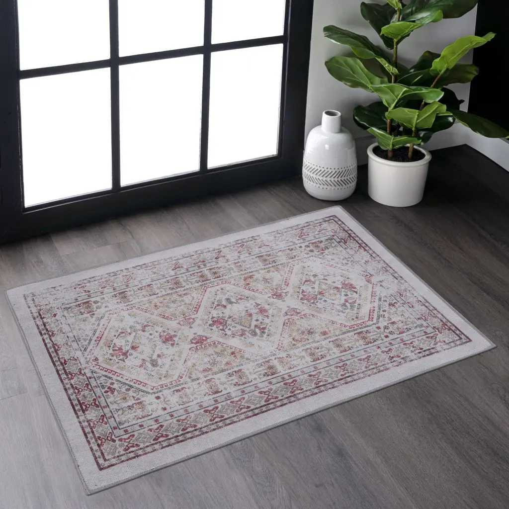 Naar 2X3 Beige Low Pile Machine Washable Non-Slip Area Rug naar rug
