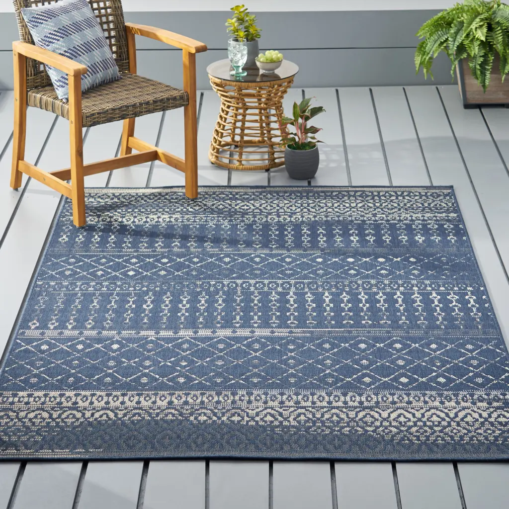 5'3"X7' Rug Navy Ivory Polypropylene Non-Slip Living Room Area Rug nh-kisa