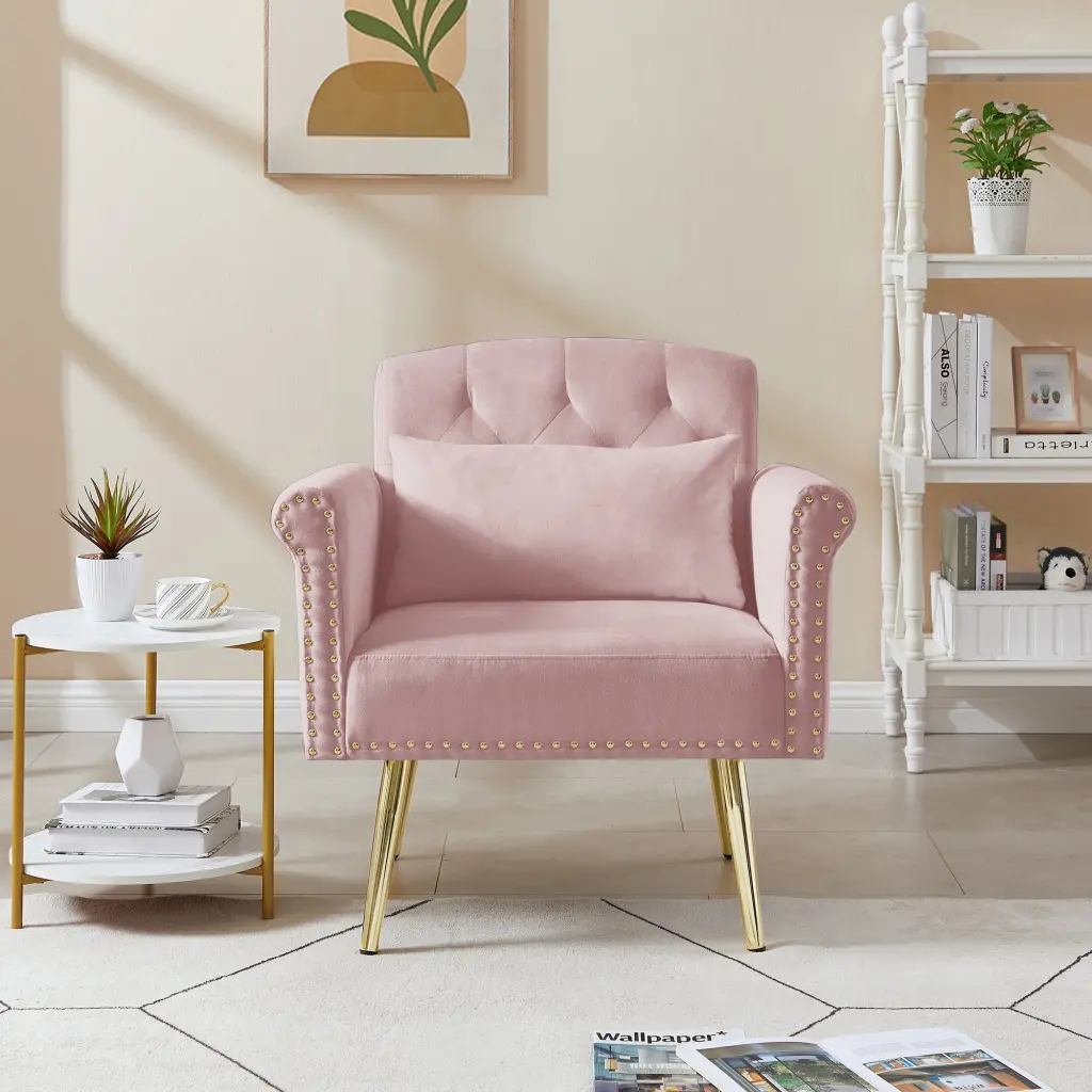 Pink Velvet Armchair Metal Legs Foam Velvet Lounge Chair cy furniture