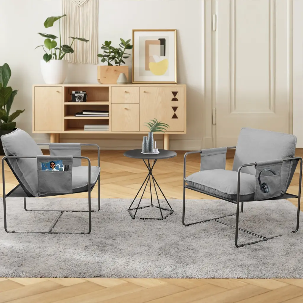2 Sets Upholstered Hanging Armchair Arm Pocket And Metal Frame rnb